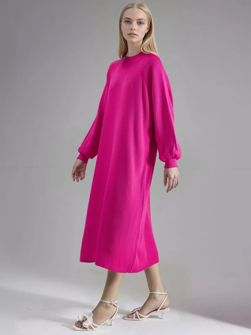 MY FASHION Magenta Pink MY FASHION Long Loose Fit Ribbed Knit Dress with Crew Neck for Women | Best Price UAE